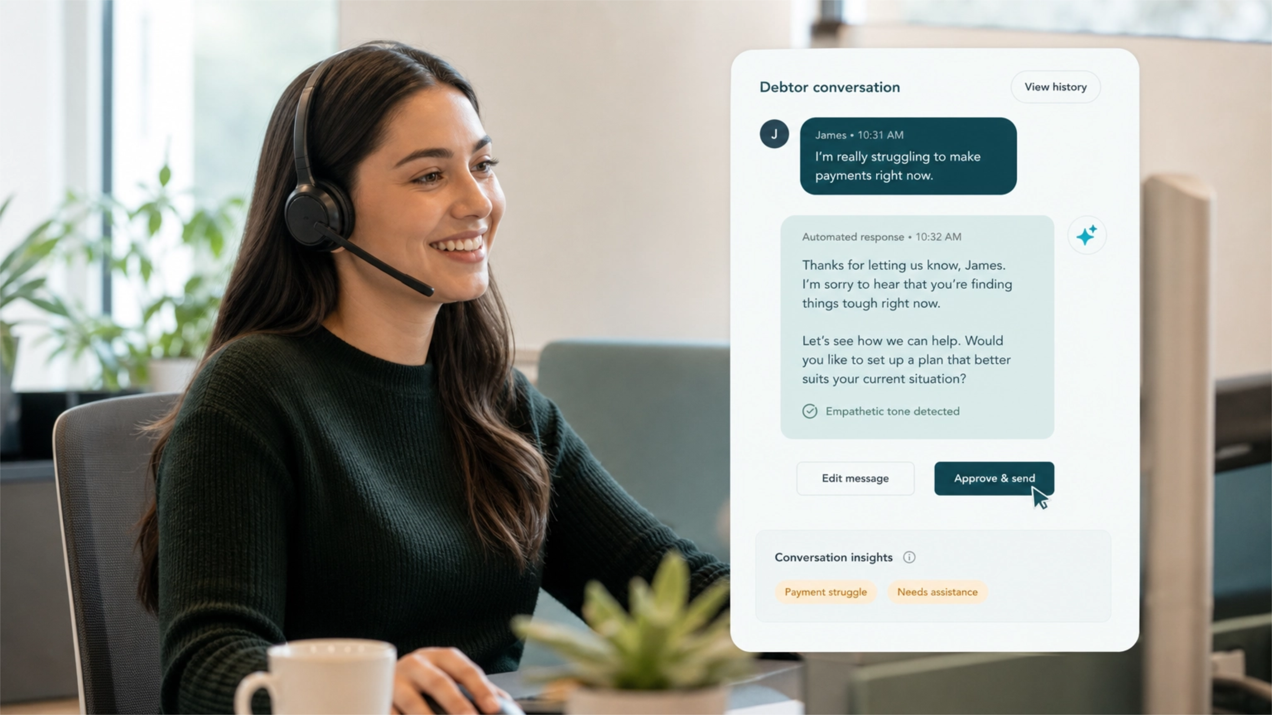 A Recovia agent reviewing a debtor communication thread — every message is checked against contact windows, hardship flags, and suppression lists before sending.