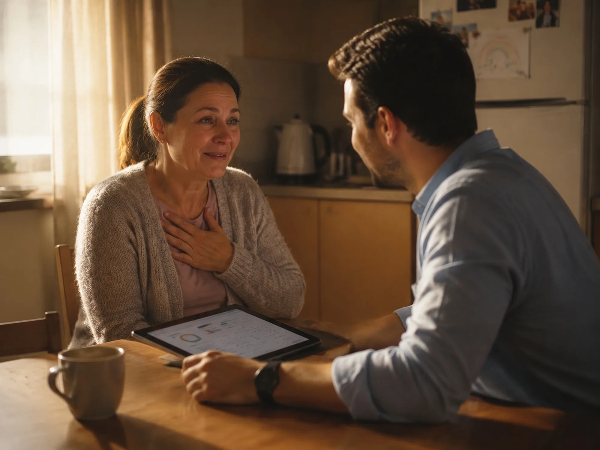 A Recovia collector sitting at a kitchen table with a customer, walking through a payment arrangement on a tablet.