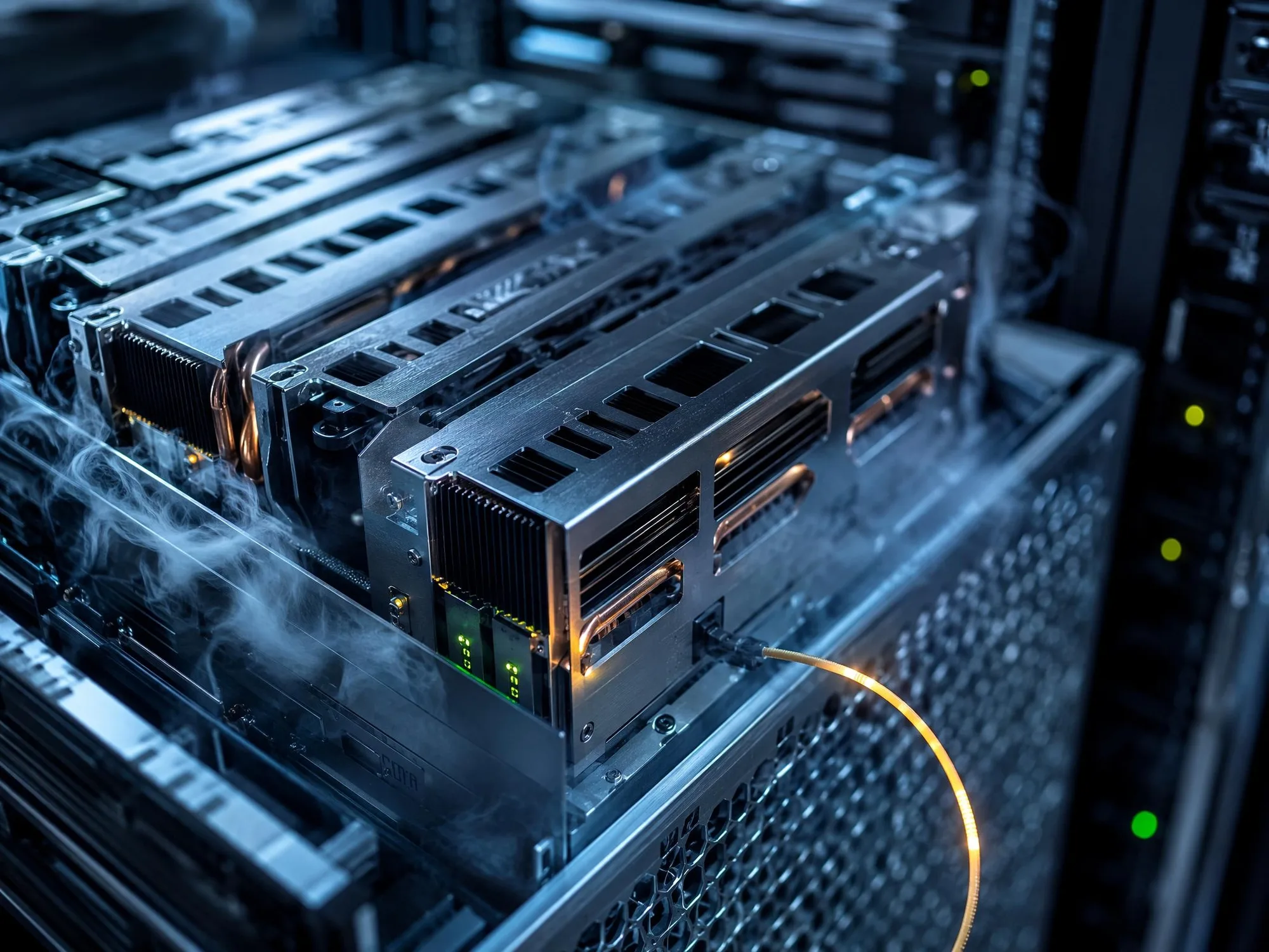 Close-up of server hardware in a data-centre rack, network cabling lit against the chassis.