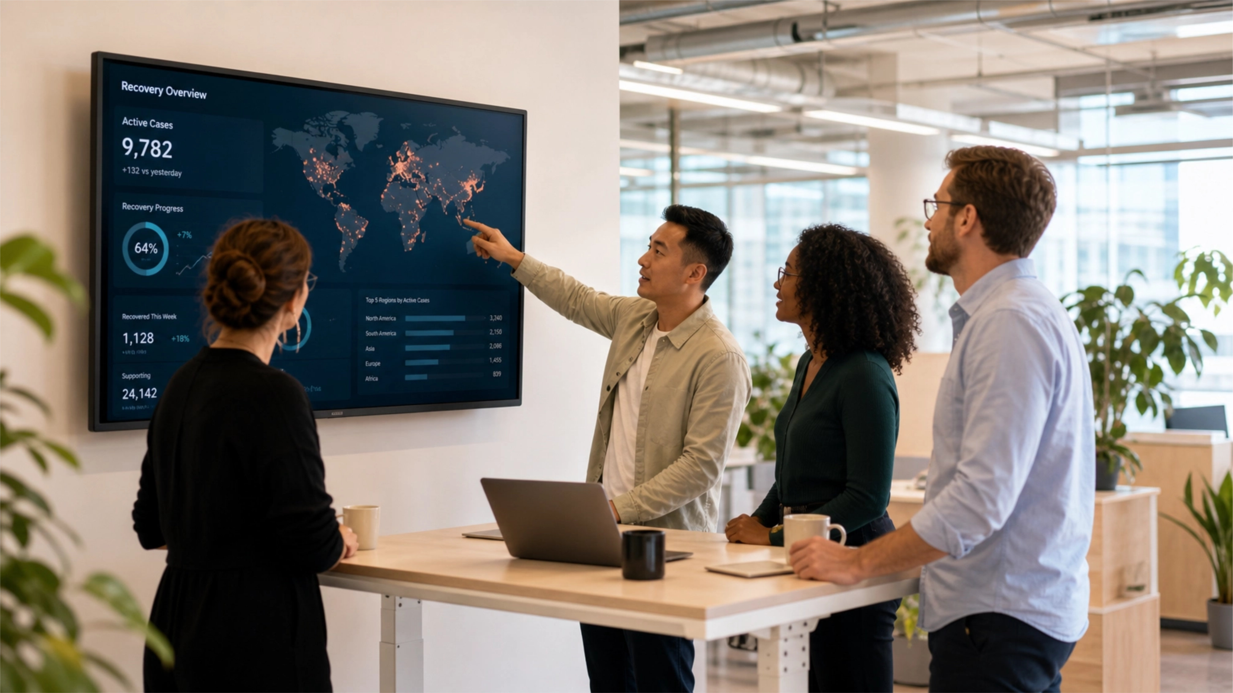 The Recovia operations team reviewing campaign performance data together in their Sydney office.