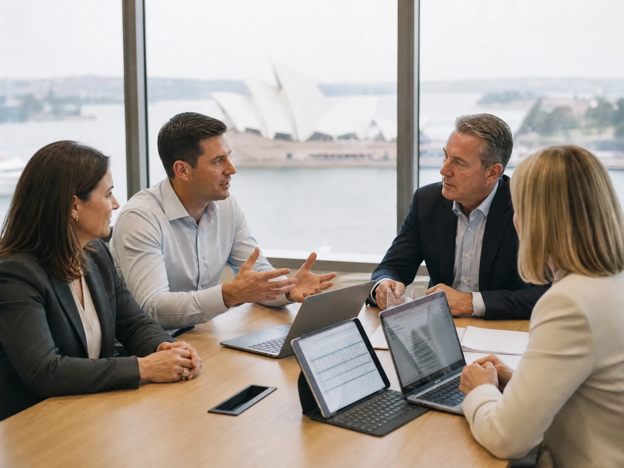 Four people in a Sydney boardroom reviewing recovery performance on laptops and a tablet, the harbour visible behind them.