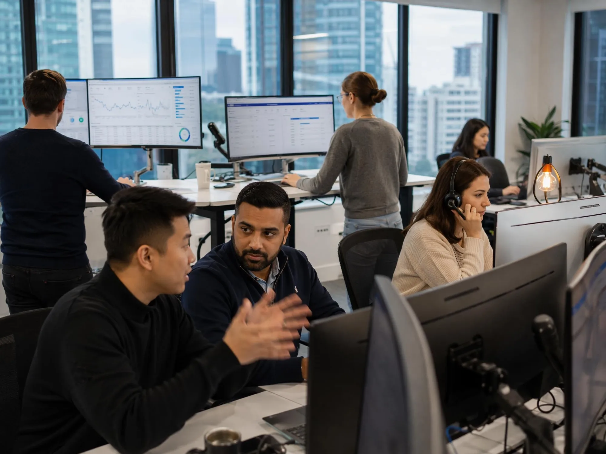 Recovia collectors working together at a Sydney office, city towers visible through the windows.
