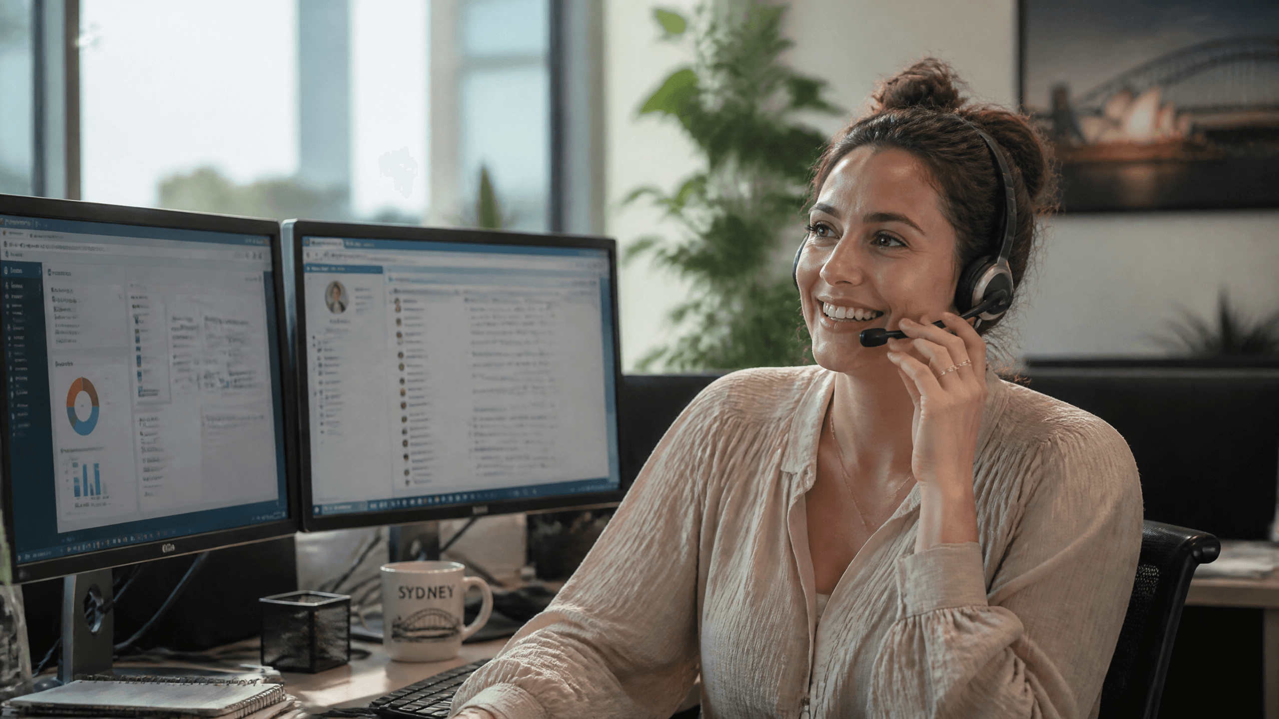 A Recovia collector at their desk, speaking with a debtor in a calm, professional tone.