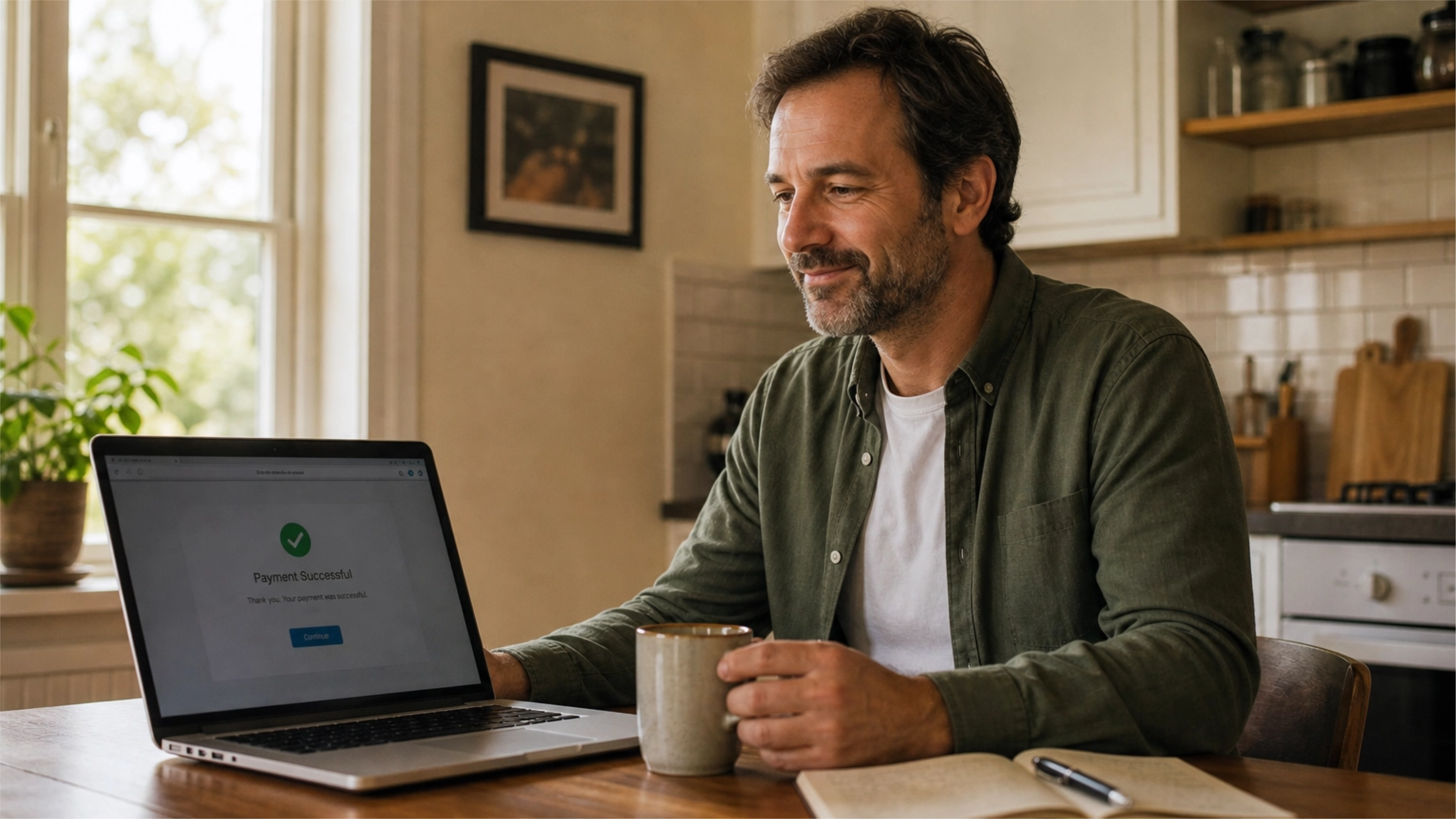 A man at home, visibly relieved after resolving an outstanding account through the Recovia portal on his laptop.