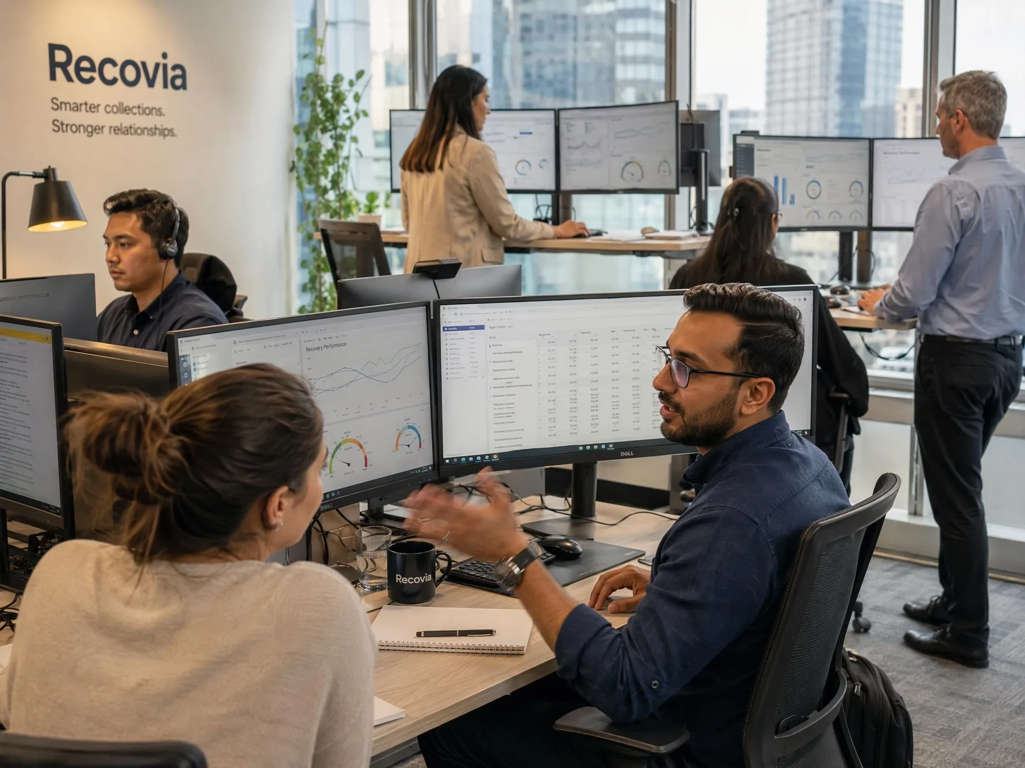 The Recovia recovery floor: collectors working across dual monitors under the company wordmark and the line “Smarter collections. Stronger relationships.”