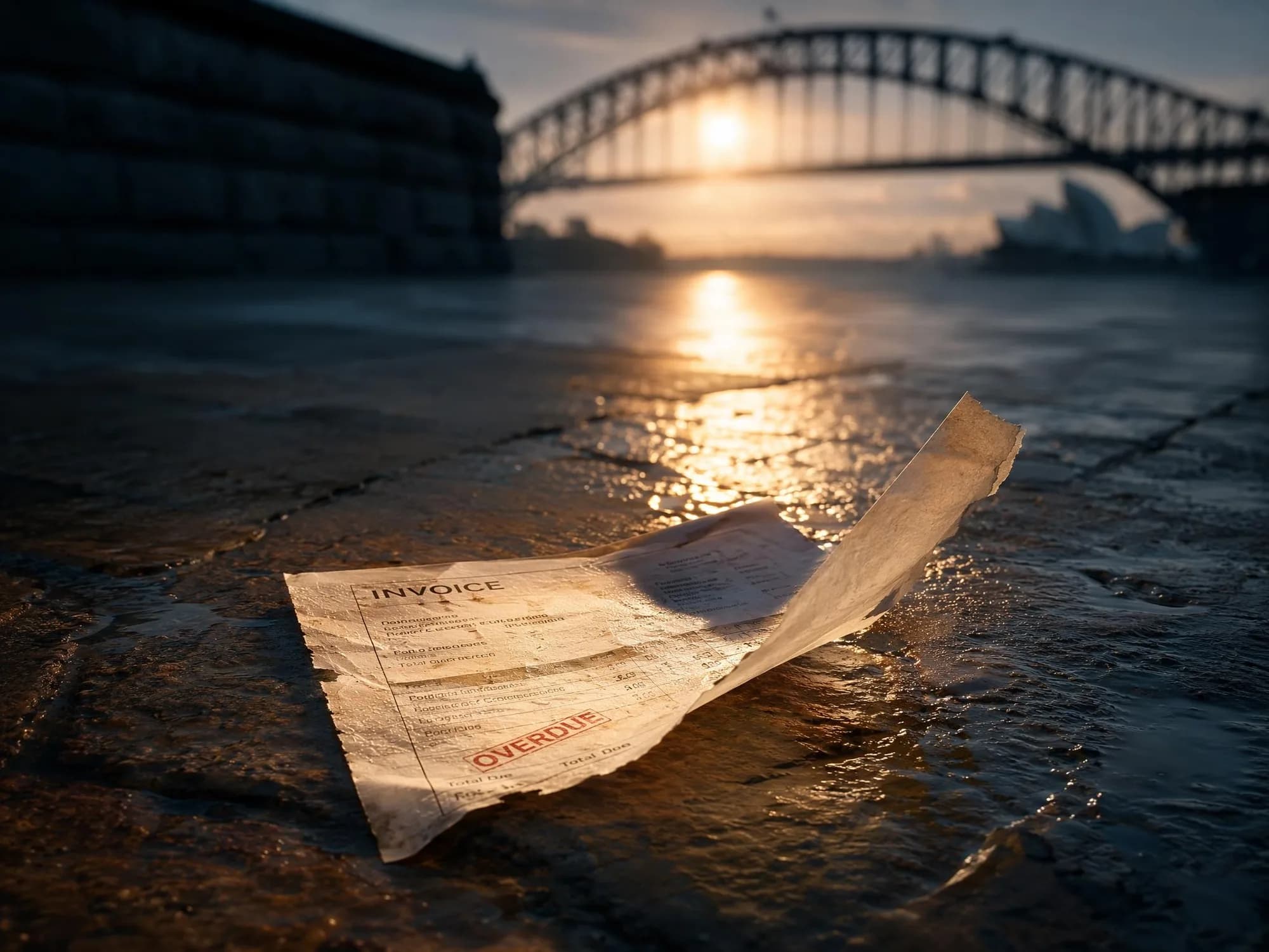 A weathered invoice stamped OVERDUE lying on wet stone at dawn, the Sydney Harbour Bridge behind it.