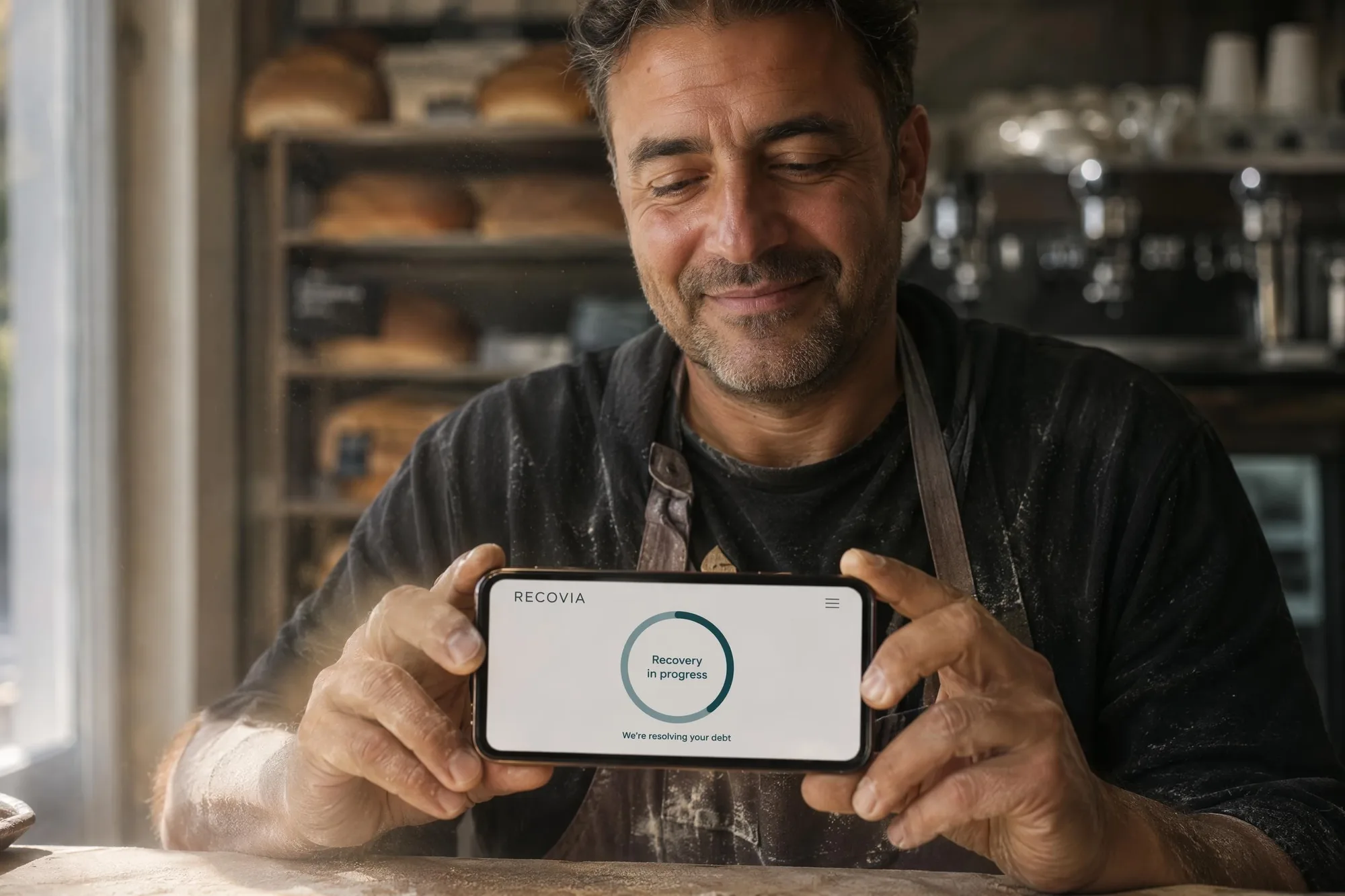 A bakery owner in his apron checking the progress of a placed account on his phone.